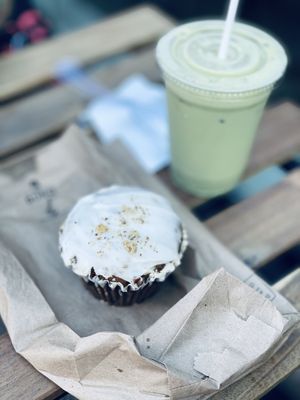 Carrot walnut muffin and matcha oat milk latte at GreenPot in Brooklyn