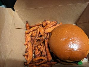 Beyond burger with sweet potato fries at BrewDog in New Albany