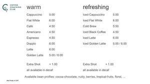 Menu Drinks 1 at Coffee Coaching Club in Bern