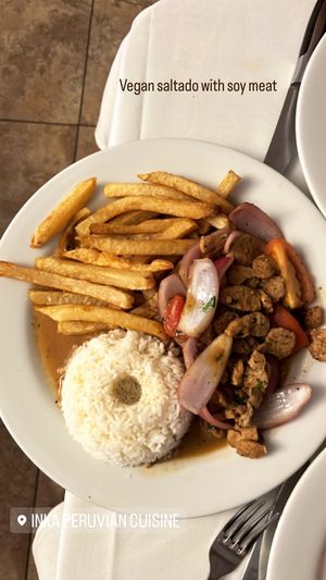 Vegan lomo saltado with soy meat   at Inka in Palm Springs