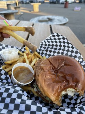 Fríes dipped in pub sauce. So good!  at FRANCIS in Minneapolis