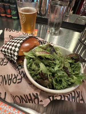 Burger and side saladd  at FRANCIS in Minneapolis