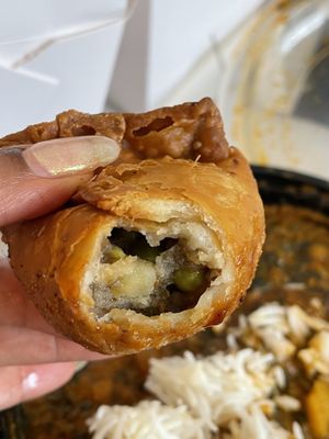 Inside the yummy vegetable samosas   at The Hyderabad Indian Grill in Bloomington
