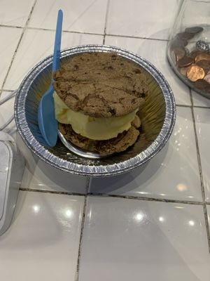 Vegan cookie with mango sorbet  at The Baked Bear in San Francisco
