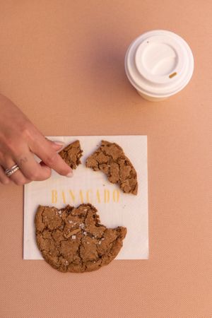 Big and chewy sea salt tahini chocolate chip cookie with espresso powder & white and dark vegan chocolate at Banacado in Stockholm