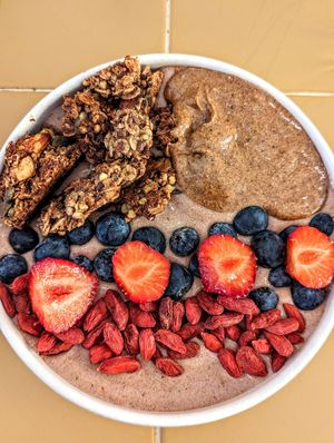 Chocolate protein smoothie bowl at Banacado in Stockholm