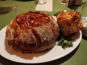 Bread bowl with chili sin carne - chickpeas, white beans, chipotle, tomato, LOTS of cumin... at Marstang in Marstal