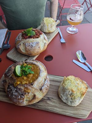 Chili and curry in a bread bowl. at Marstang in Marstal