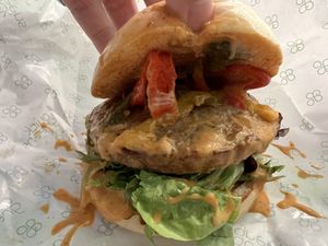 Sweet heat stack burger $15.80  at Quick Greens - Funan Ctr in Central Singapore
