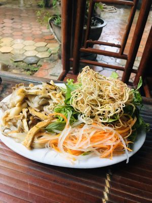 Sautéed mushroom, tofu with lettuce, herbs, banana flower, carrot and daikon to make own rolls at Thien Tam in Hue