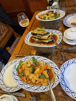 Stir fried vegetables, tofu and aubergine and tofu and mushroom.   at Thai Emerald in Cirencester