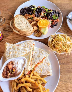 Vegan scramble with tofu on top. at Chez Francois Restaurant and Patio in Canmore