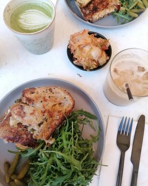 Vegan cheese sandwiches, kimchi, iced latte and matcha at Common Ground in North London