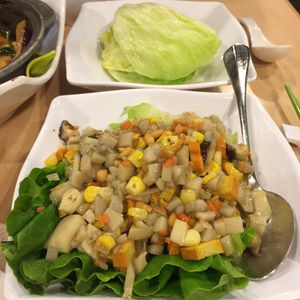 Diced tofu, mushroom, bamboo shoots and corn in lettuce wrap  at Happy Veggies - Wanchai in Hong Kong Island