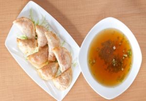 Deep Fried Tomato 
and Potato Dumplings 
(Special Soup Beside)
 at Happy Veggies - Wanchai in Hong Kong Island