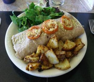 Brunch - Seared veggie, tofu, and pesto crepe with side salad and hashbrowns at Sage's Cafe in Salt Lake City