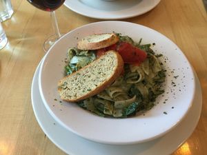 Gluten free basil pesto pasta at Sage's Cafe in Salt Lake City
