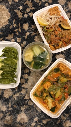 Red curry, veggie pad thai, wonton soup and veggie dumplings at CoCo Lin Vegetarian House in Ridgewood