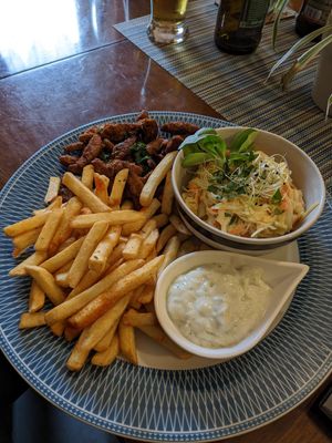 "Turkish plate" - vegan kebab with fries and coleslaw at Wegeneracja in Opole