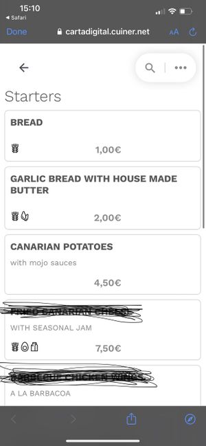Menu with allergens marked - bread, garlic bread and Potatoes suitable when without extra sauces at Bistro del Puerto in Lanzarote