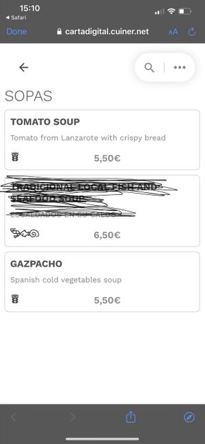 Vegan soups - allergens marked on menu at Bistro del Puerto in Lanzarote
