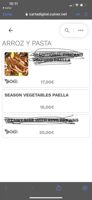 Vegan paella - allergens marked on menu at Bistro del Puerto in Lanzarote