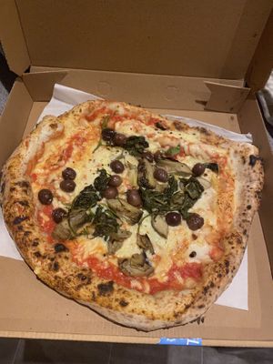 Vegan cheese, olives, artichokes, friarelli pizza  at Razzo Pizza Napoletana in Edinburgh