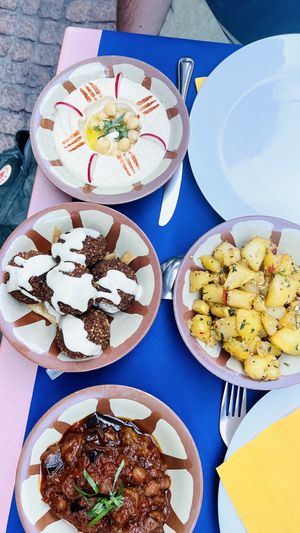 Hummus, battata harra, moussaka and falafels  at Beirut in Paradiso