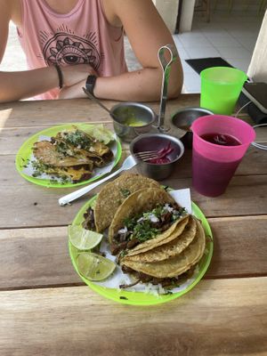 Different Tacos (one with cheese, one without), salsa, onions, Agua hoarchata and jamaica  at Viva la Virria in Merida