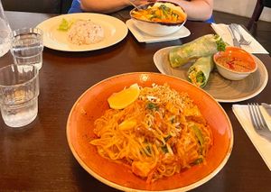 Pad thai (vegan, no fish sauce), fresh summer rolls, red curry with tofu and vegetables at Krua Siam in Akureyri