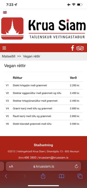 English/German menu available at restaurant at Krua Siam in Akureyri