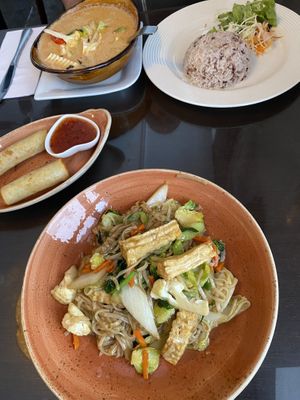 Noodles, spring rolls, red curry.  at Krua Siam in Akureyri