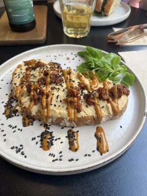 Toast with hummus  at Arvo Specialty Coffee (Guggenheim) in Bilbao