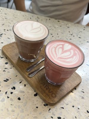 Beetroot latte and hot chocolate   at Arvo Specialty Coffee (Guggenheim) in Bilbao
