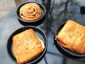Almond mozzarella and tomato toastie + chocolate and coffee roll. at Pampa Madre in Buenos Aires