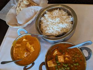 Tofu masala, palak tofu, and roti at Jaipur Indian in Boulder