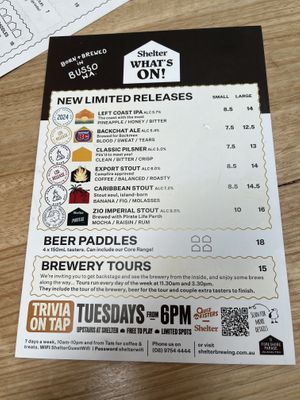 Special drinks Menu updated August 2025  at Shelter Brewing Co in Busselton