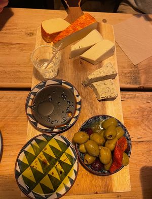 Left Coast vegan cheese and olives, eaten with olive oil and balsamic and tons of sourdough bread   at The Walrus & Corckscrew in Inverness