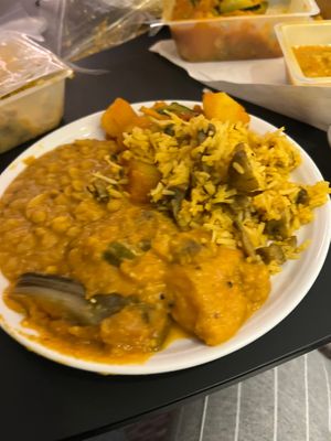 Vegan, korma with Vege, Tarka, Dahl, mix veg, courgettes, potato with mushroom fried rice. at Daakoo in North West London