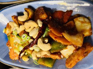 Vegan chicken cashew nuts stir fry  at Chaophraya in Aberdeen