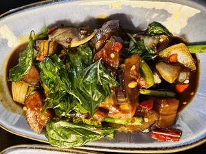 Aubergine pad kra prow  at Chaophraya in Aberdeen
