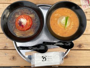 Soy Sauce Ramen & Miso Ramen (¥1320 each) at Vegan Ramen UZU Tokyo in Tokyo