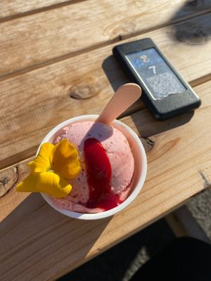 strawberry rhubarb ice cream with edible flower
 at Vegan Ramen UZU Tokyo in Tokyo
