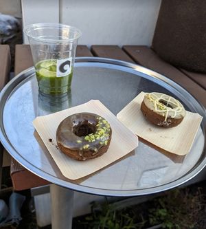 Drink with donuts  at Vegan Ramen UZU Tokyo in Tokyo
