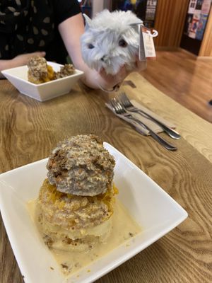 Vegan Haggis with a Wild Hairy Haggis in the rear   at The Haggis Box in Edinburgh