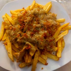 Fries, heura cooked in white wine, veg cheese and onions at Vida Cafe in Barcelona