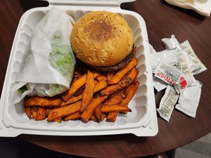 Beyond burger, side of sweet potato fries at Patterson's Pub in Mendocino
