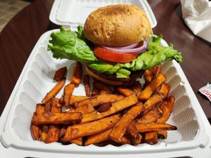 Beyond burger, side of sweet potato fries at Patterson's Pub in Mendocino