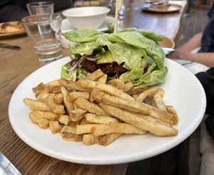 Falafel Burger made vegan by replacing the brioche buns with lettuce  at Gather in Berkeley