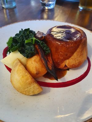 One of the rotating vegan Sunday roast options - beetroot and (vegan) goats cheese pie with all the trimmings at The Bruce Arms in Ripon